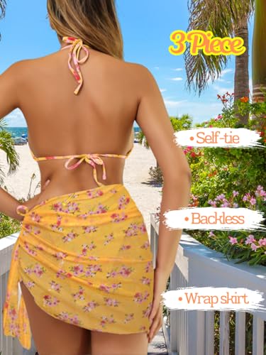 Women Sexy 3 Piece Floral Smocked Bikini Set, Halter Triangle Tie String Swimsuit, Thong Bathing Suit Cover Up Skirt3