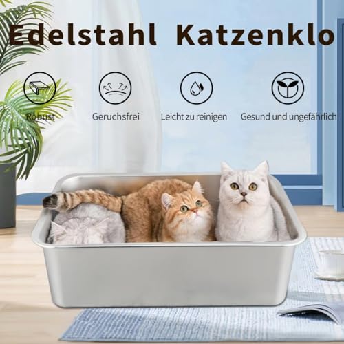 XXL Katzenklo,Großes Katzentoilette 50 * 35 * 15 cm Niemals Gerüche, Rostfrei, Antihaft Glatte Oberfläche, Edelstahl Katzenklo Fassungsvermögen für Leichtere Reinigung (Silber, 50 * 35 * 15 cm)