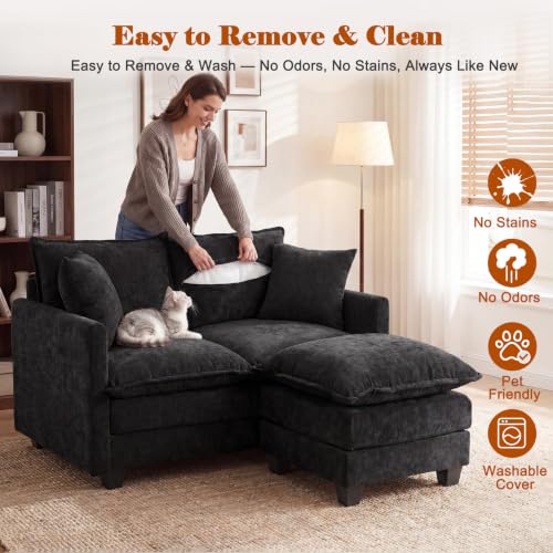 Image of 50'' Loveseat Sofa Set with Ottoman, Small Couch Set 2 Piece Cloud Love Seat 27 inch Deep Seat Washable Pillows Couches for Small Spaces Apartment Living Room, Black