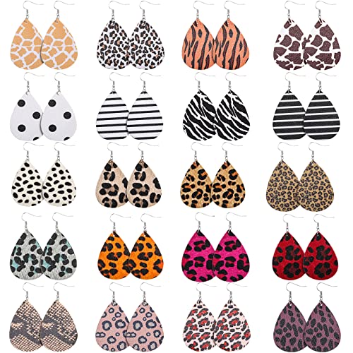 Hicarer 20 Pieces Leather Earrings for Women Petal Leopard Print Teardrop Dangle Earrings(Solid Teardrop Style)