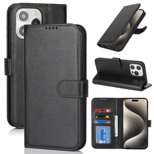 Image of for iPhone 15 Pro Max Case Wallet with Card Holder,for iPhone 15 Pro Max Wallet Case for Women Men,PU Leather Shockproof Magnetic Buckle Stand Flip Phone Case-Black