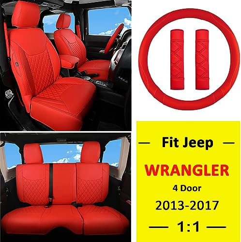 Image of GIANT PANDA Jeep Wrangler 4 Door JK 2013-2017 Full Set Car Seat Covers for Sahara Sport Rubicon Unlimited Willys Wheeler Altitude, Customized Faux Leather - (Red)
