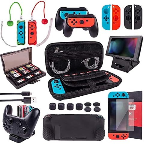 Cybcamo Accessories Kit Bundle Compatible Nintendo Switch, Carrying Case, Screen Protector, Joycon Grips, Switch Controller Charge Dock, Comfort Grip Case, Playstand, Charging Cable & More Cover