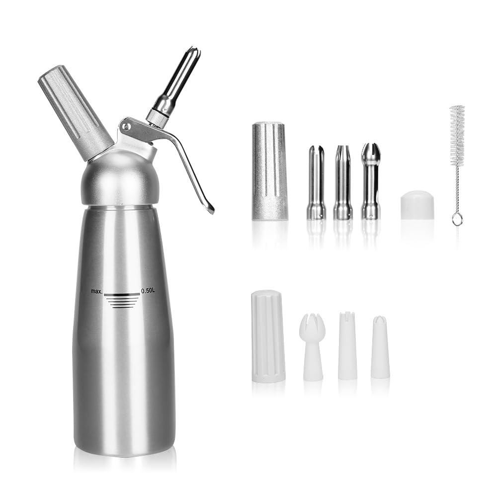 BIEAMAWhipped Cream Dispenser Aluminum1-Pint 500ml, Whipped Cream Maker for Desserts, Sauces, Chocolate, N2O Chargers Not Included, Sliver