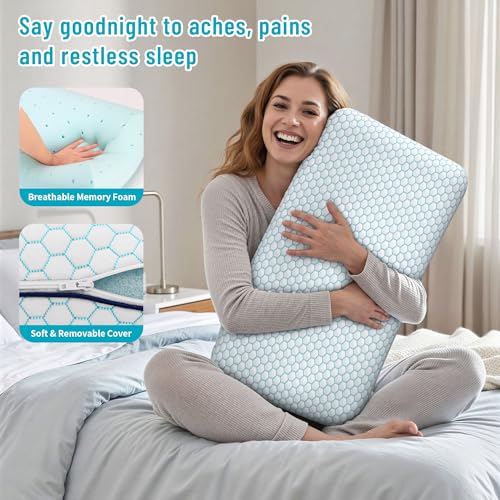 Image of CushyOasis Memory Foam Pillows for Side, Set of 2, Back and Stomach Sleepers, Bed Pillow with Breathable Mesh and Washable Cover, Bed Pillow for Sleeping (Blue, Queen Size)