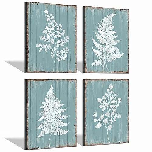 Plant Botanical Canvas Wall Art: Rustic Fern Leaf Pictures 4 Piece Herb Leaves Painting Print for Bedroom Living Room Kitchen Artwork Decor