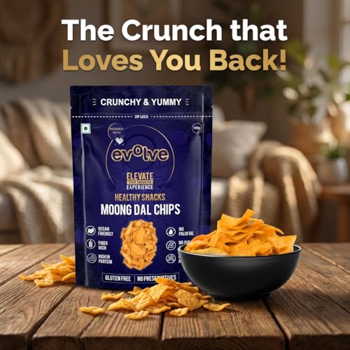 Image of Evolve Moong Dal Chips Healthy Snacks | Roasted, Gluten Free Snacks, No Palm Oil & Artifical colors, Moong Dal Snack, Peri Peri Flavor - 100gm Pack of 6