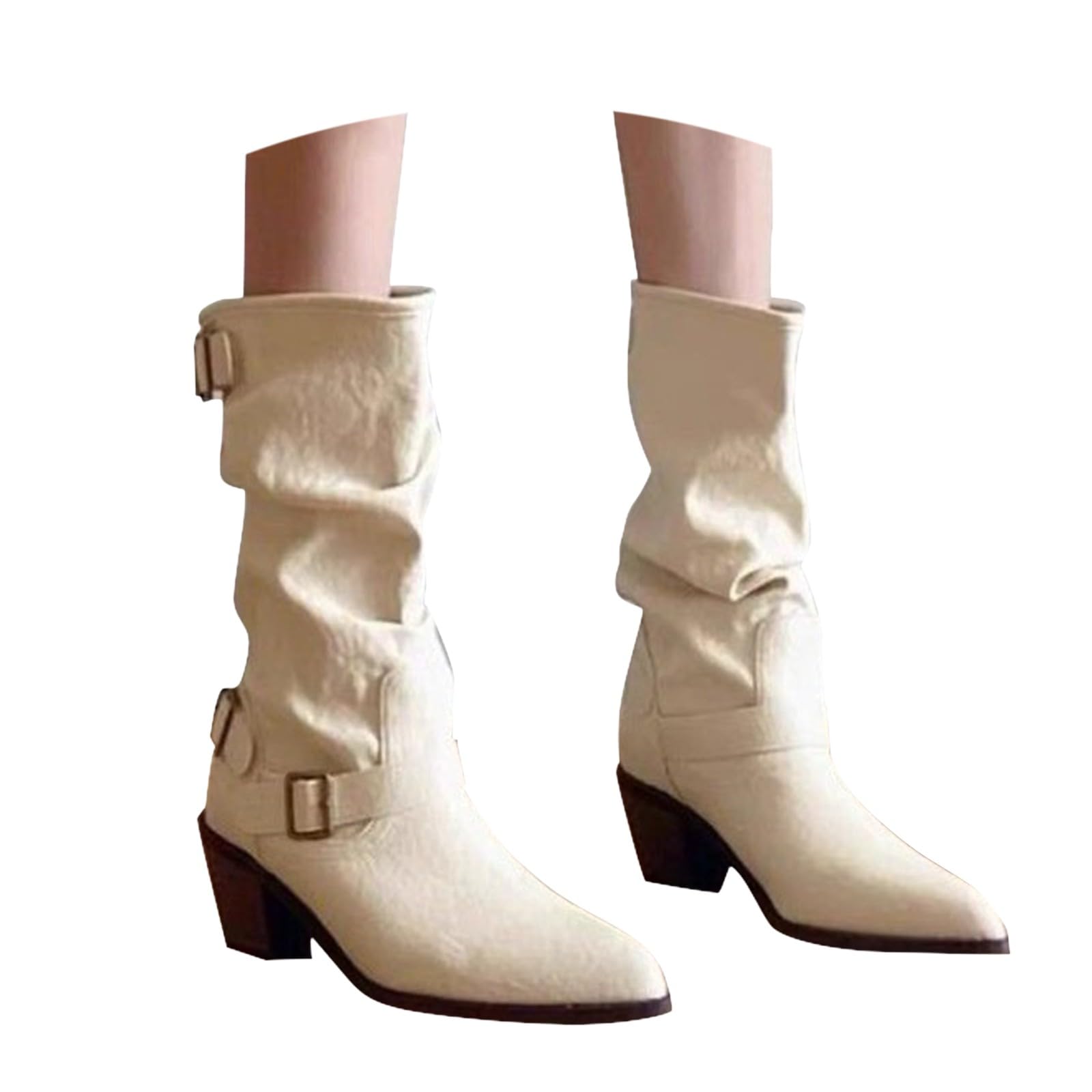 Stivali da cowboy da donna in pelle, con tacco, stivali western, con fibbia, a mezza gamba, in pelle, con tacco a blocco, a mezza altezza
