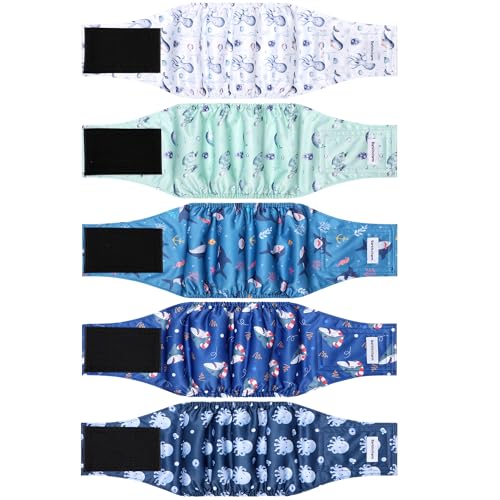Image of 5 Pack Dog Diapers Male, High Absorbing Dog Wraps, Belly Bands for Male Dogs with Incontinence or Frequent Urination, Washable Doggie Diapers Fish XL