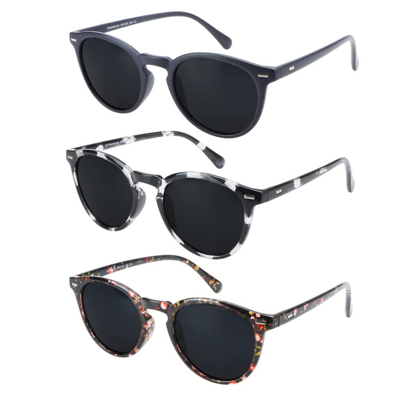 Image of Reading Sunglasses Vintage Round for Men and Women Protection Shades 3 Pack (Navy+Black White+Floral, 3.00 Magnification)