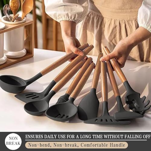 Image of Silicone Kitchen Spatula and Utensils Spoon Set Cooking + Baking Set- 11 Pcs Non-Stick with Wooden Handle-BPA Free, Heat Resistant Item, Flexible Non Toxic Silicon Cookware Tools (Black)