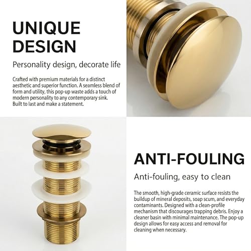 Image of BASSINO Premium 6 Inch Brass Waste Coupling /Washbasin Drainer /Rust-Proof Pop-Up for Basin /Drain Stopper for Tabletop, Wall-Mount & Pedestal Wash Basins(Golden Matt Finish)