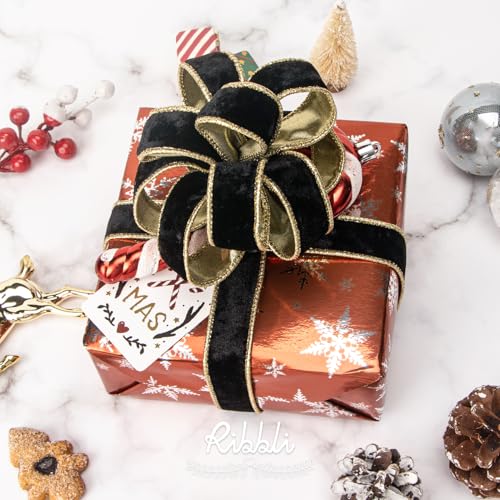 Image of Ribbli Black Velvet Wired Ribbon 1 Inch Metallic Black Gold Crushed Velvet Christmas Ribbon for Gift Wrapping Christmas Tree Decoration Crafts Wreaths Supplies-Continuous 10 Yards