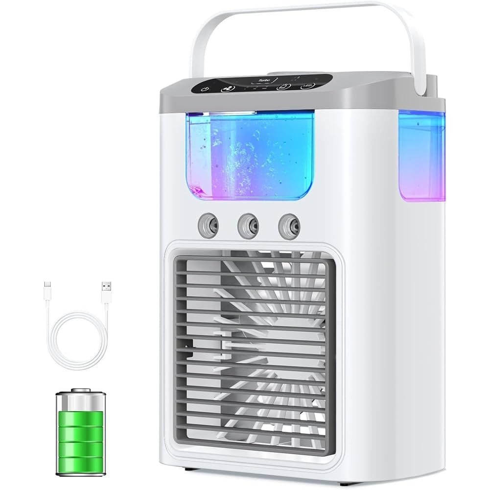 IJSDNVJNDX Mini Air Cooler Humidifier Quiet Portable Air Conditioner,Tabletop Evaporative Fan,7-Color LED Light for Home,