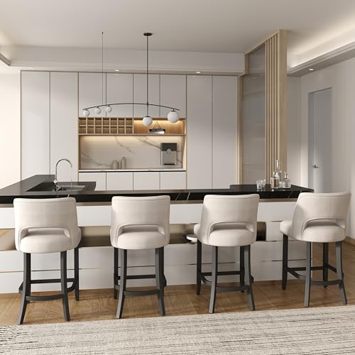 Image of VKNOW Bar Stools Set of 4, 26 inch Upholstered Counter Height Bar Stools | Modern Counter Stools with Black Rubberwood Legs for Kitchen Island Dining Room Bar, Beige-Black Legs