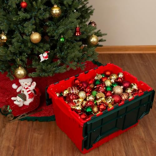 Image of Akro-Mils KeepBox 12 Gallon Storage Container, Nesting and Stackable Plastic Storage Box with Lid Attached, Organizer Tote for Garages, Closets, and Moving, 21-1 /2 inch x 15 inch x 12-1 /2 inch, Red /Green