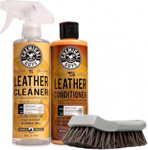 Chemical Guys Leather Cleaner and Conditioner Kit with Brush | Horse hair brush for car, furniture, jackets, and shoes, 3-item leather care bundle, 3 piece leather care kit with brush - image 1