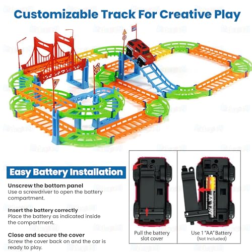 Image of Kidology Flexible Racing Track Playset Toy for Kids 3+ | DIY Rapid Variety Car Racing Track with Electric Car Toys and Games for Kids (95 Pcs) | Indoor & Outdoor Creative Playset Multicolor