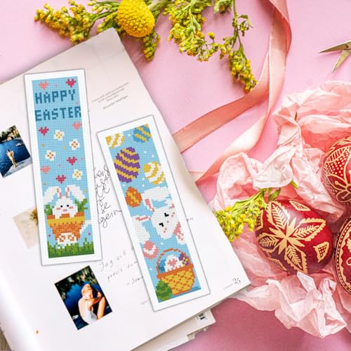 Image of INFUNLY 6pcs Easter Day Cross Stitch Bookmark Kits for Adults Beginners 8''x2.4'' DIY Rabbits Stamped Embroidery Bookmark Kits with Instruction Eggs Needlepoint Bookmark Kits for Easter Day Gifts
