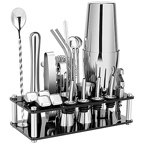 Ronlok Juego de coctelera, kit para barman de acero inoxidable Boston con soporte en acrílico y recetas para cócteles