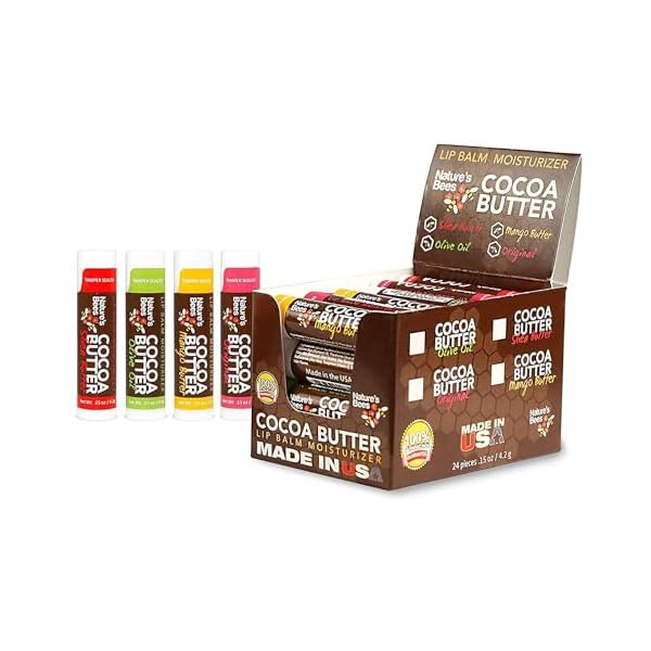 Nature’s Bees Cocoa Butter Lip Balm Moisturizer, 24 Pack with 4 Flavors, Original, Shea Butter, Mango Butter, and Olive Oil, Made with Coconut Oil, Beeswax, Vitamin E and Aloe, 0.15 oz