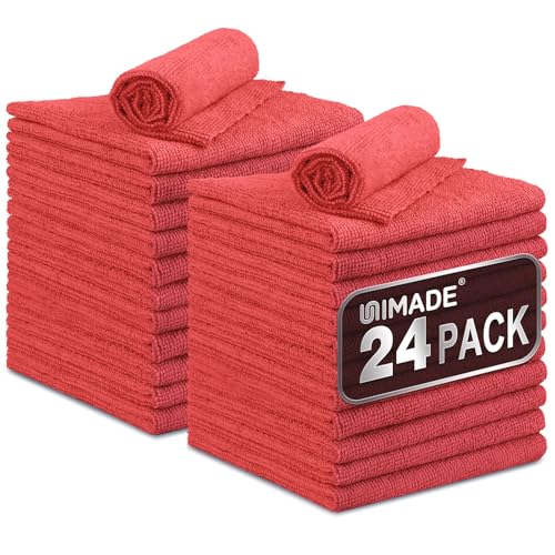 UNIMADE Microfiber Cleaning Cloth 24 Pack Reusable Microfiber Towels for Cars Lint Free Cleaning Shop Towel Rags for Home Kitchen Automotive Bar Mechanic Restaurant Garage 11x 12 Red