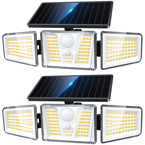 KOOPER Solar Flood Lights, 210 LED Motion Sensor Outdoor Lights, Solar Motion Lights Outdoor Waterproof, 3 Heads 300° Wide Angle Outdoor Security Lights for Yard Patio Garage Entryways, 2 Pack, Black