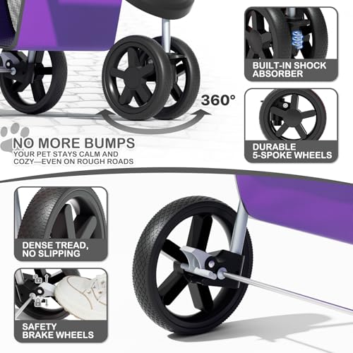 Image of MoNiBloom 3 Wheels Pet Dog Cat Stroller for Small Medium Dogs Cats, Lightweight Foldable Jogger Stroller w /Storage Basket and Cup Holder, Purple