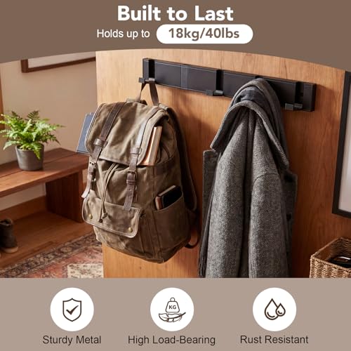 Wall Coat Rack With 5 Foldable Hooks, Black Metal Coat Hooks Hanger - Image 4