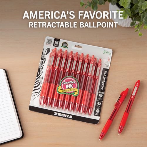 Image of Zebra Pen Z-Grip Retractable Ballpoint Pen, Red Ink, 1.0mm, 18-Pack | Smooth Writing, Medium Point Tip, Ideal for Planners, Note-Taking, School and Office Supplies, and Everyday Writing (22318)
