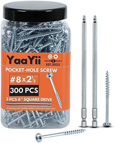 YaaYii 2-1/2 Inch Pocket Hole Screws, 300 PCs #8 x 2.5'' Washer Head Pocket Wood Screws for Furniture Joint, Two Extra Square Drive Bits Included in The Pocket Screw Kit