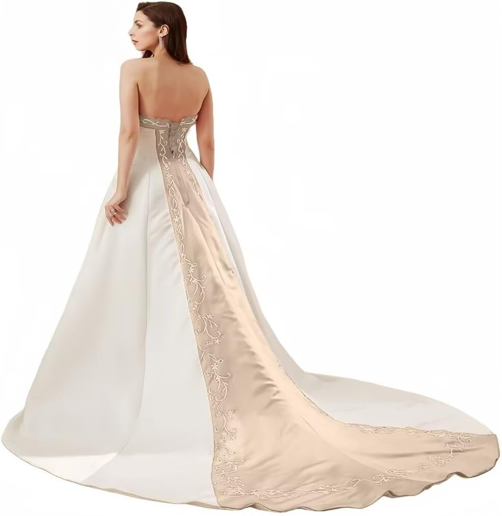 Mauuwy Women's Embroidered Satin Wedding Dresses for Bride Vintage A Line Strapless Corset Back Bridal Gowns with Train