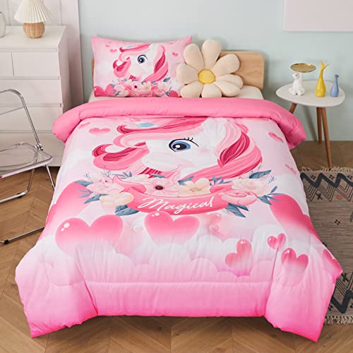 Egchescebo Kids Girls Unicorn Twin Bedding Bed 100% Microfiber Comforter Set Twin Size Sets For Girls Quilt Ultra Soft And Breathable Breathable Warmth Down Quilt Sets Pink #TOP1