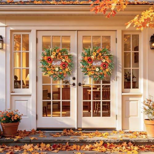 Image of 24 Inch Artificial Fall Wreaths for Front Door Outside with Hello Sign''