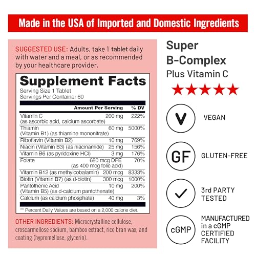 Image of NatureWise Super Vitamin B Complex for Women and Men - with Vitamin C, Folic Acid Biotin B1 B2 B3 B6 B12 - Support Cellular Energy & Mental Clarity - Vegan, Gluten & Dairy Free, Non-GMO - 60 Tablets