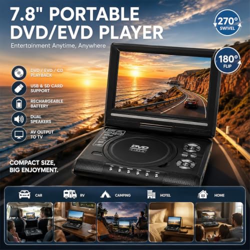 Image of 7.8 inch HD Portable DVD /EVD Player - Rechargeable Large Screen Media Player, Portable DVD Players, Compatible with CD /USB /SD, Perfect for Home & Travel Enjoy Movies,2PC