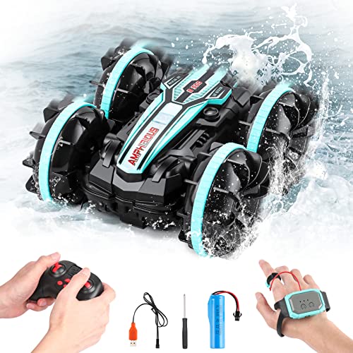 Furado Coche Teledirigido Mano, Coche Teledirigido 360 ° Doble Giro Lateral, 2.4ghz 4wd Carreras De Juguetes De Alta Velocidad Adecuado para Su Uso En Tierra Y Agua, Juguetes para Niños(Azul) Cover