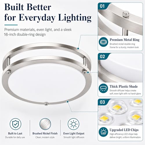 Image of 2-Pack 16 inch Large Dimmable LED Flush Mount Ceiling Light Fixture, 50W 5400 Lumen Bright Brushed Nickel Light Fixture for Bedroom Kitchen Living Room, 2700K /3000K /3500K /4000K /5000K Selectable