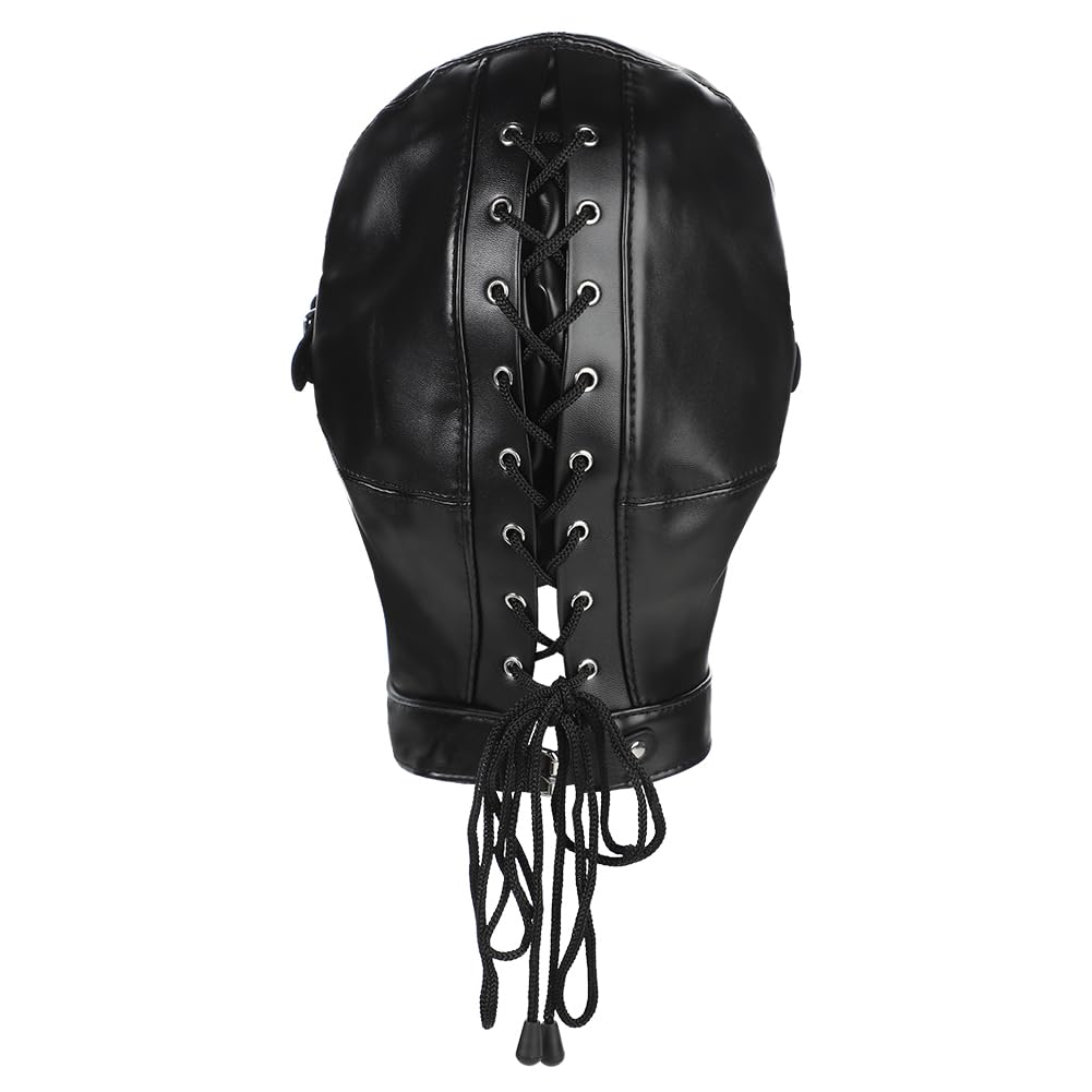 PU leather Full Cover Hood Mask Zippered Opened Mouth Show Eyes Face Mask Adjustable Lace-up Halloween Cosplay Costume Punk Hood Headgear Fancy Dress Costume for Couple Games Carnival Night Club - Image 4