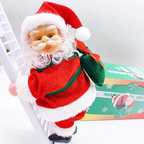 Electric Santa Climbing Ladder to Tree, Climbing Up and Down Santa Claus on Ladder with Music and Bag of Presents Tree Holiday Party Home Door Wall Decoration Xmas Ornament Toys Gift