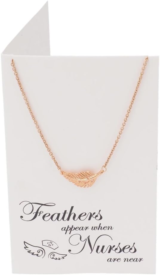 quan jewelry Nurse Boho Feather Pendant Necklace with Greeting Card, Token of Appreciation Handmade Fashion Jewelry Graduation Gifts for Nurses, Adjustable Chain 16" to 18" (Rose Gold-Tone)