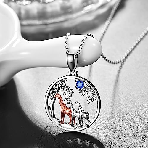 KINGWHYTE Giraffe Necklace Gifts for Women 925 Sterling Silver Three Giraffe Family Tree Pendant Birthstone Jewelry Birthday Gift for Her3