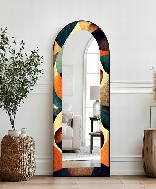 23,5’’W x 67’’H Retro Flow – Mid-Century Geometric Pattern Floor Mirror Arched Full Lenght Mirror - Arch Full Body Stained Floor Mirror with Black Frame with Gold Frame