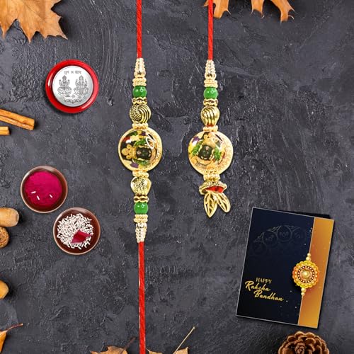 Image of Oblivion Ram Design Lumba Bhabhi Combo Rakhi with Silver Pooja Coin, Greeting Card, Lumba Rakhi for Bhabhi - Rakhi Gift for Bhai & Bhabhi