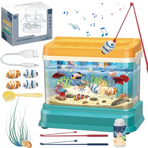 Joygoodta Jouet d'aquarium éducatif pour bébé, Aquarium avec Musique légère, réservoir Artificiel avec 4 Poissons magnétiques, 2 Cannes à pêche, Filet et biberon