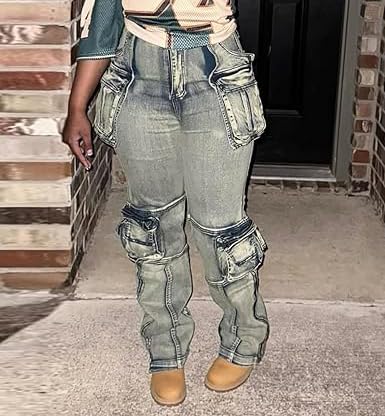 Women's Novelty Stretch Cargo Jeans Fashion Zip Side Slit High Waist Denim Jeans Y2K Streetwear Jeans Pants2