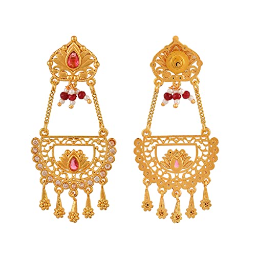 Abharan Red Stones & Pearls Ethnic Drop Earrings