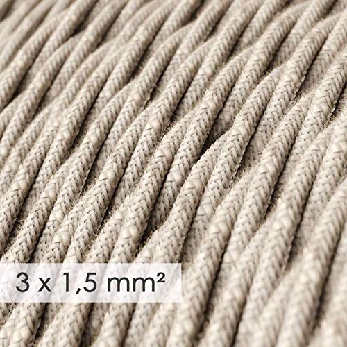 Creative-Cables Cable eléctrico original de sección amplia revestido en tejido 3x1,50 mm² (20 m, Natural Neutro TN01) –Trenzado, lino natural –Ideal para instalaciones visibles – Seguridad certificada