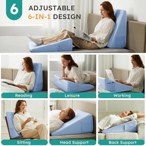 Image of Bedluxe Wedge Pillow, 10 inch Bed Wedge Pillow for Headboard, Pillow Wedge for Acid Reflux Relief, Sleeping, After Surgery, Snoring, Gerd, Triangle Pillow Wedge - Cooling Memory Foam Top, Light Blue