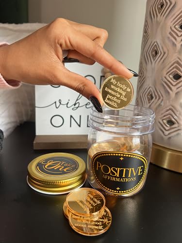 FelixLittleShop Daily Positive Affirmations Token Jar - 30 Gold Acrylic Mirror Tokens - Sturdy Cardboard Box